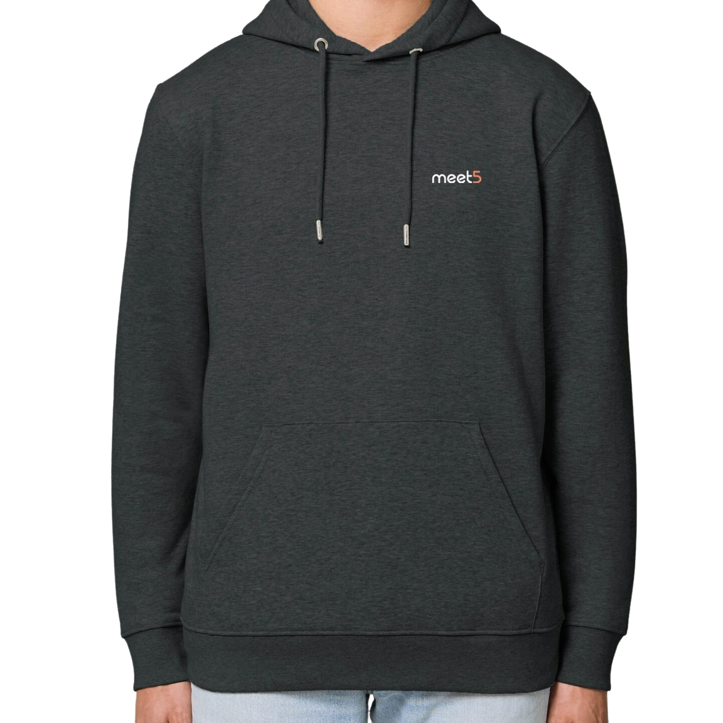 Grauer Kapuzenpulli mit gestickten Meet5 Logo auf der linken Brust.