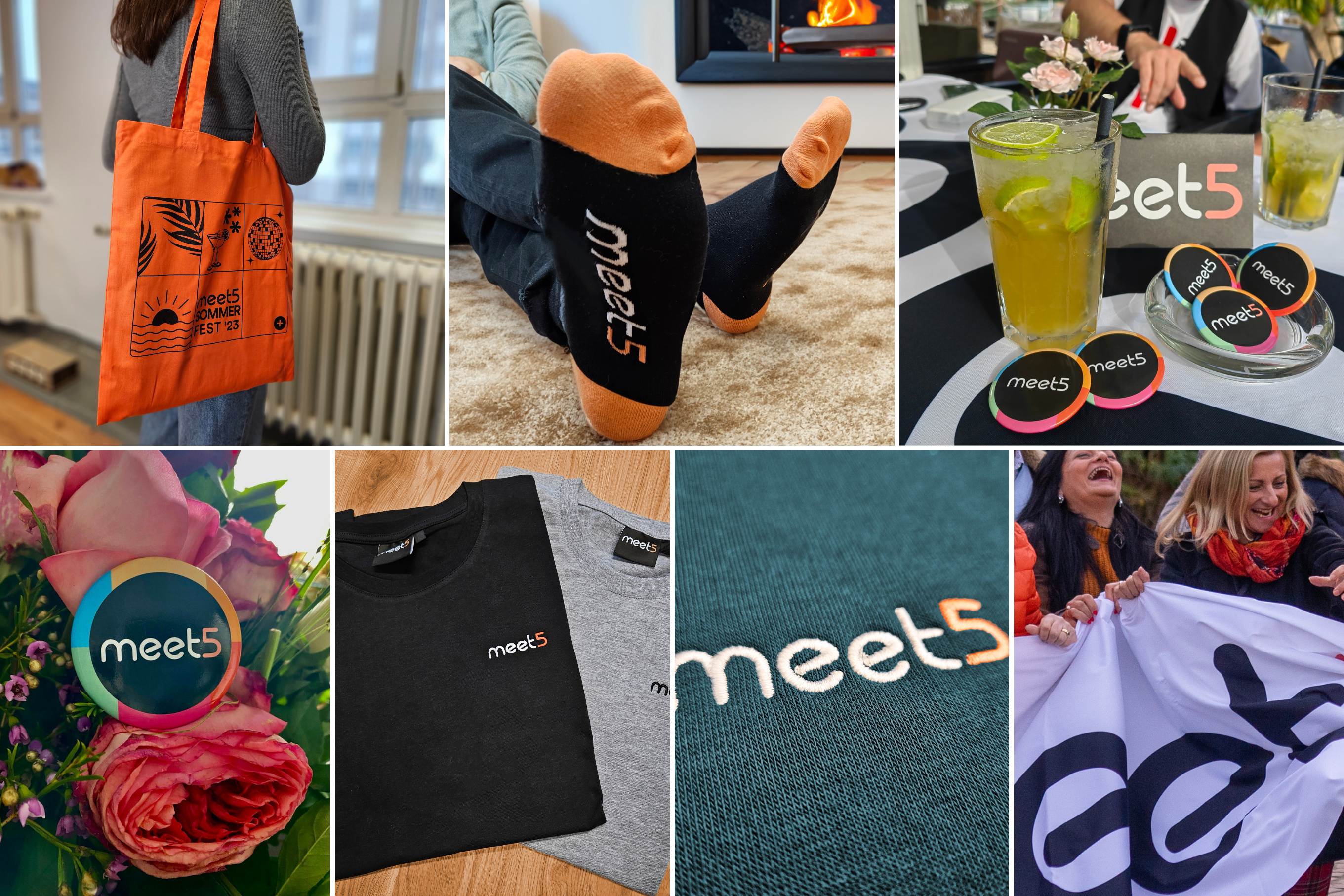 Collage mit den beliebtesten Meet5 Produkte aus hochwertigem Material für echte Meet5 Fans