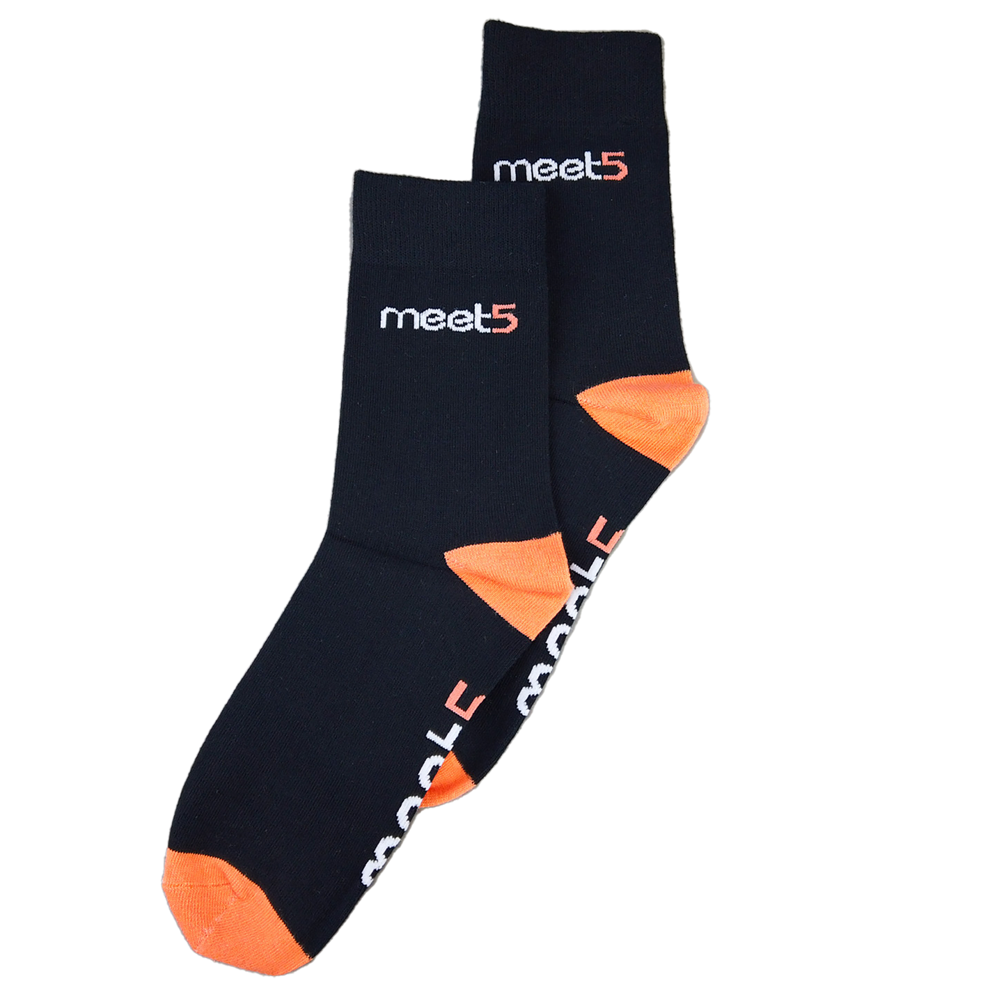 Schwarze Socken mit orangenen Spitze und Ferse. Auf der Sohle ist das Meet5 Logo gestickt.